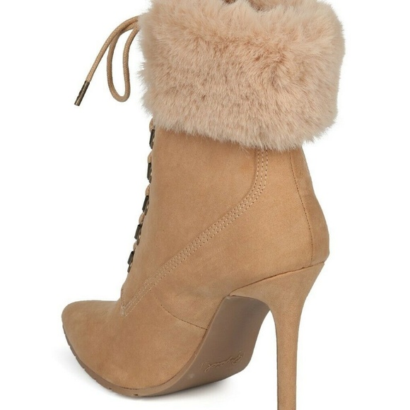 Qupid Suede Faux Fur Collar Stiletto Ankle Boots - Picture 4 of 5